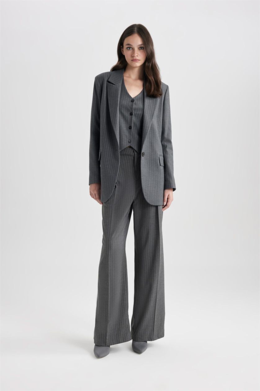 Kadın Koyu Gri Wıde Leg Cepli Yüksek Bel Geniş Paça Pantolon