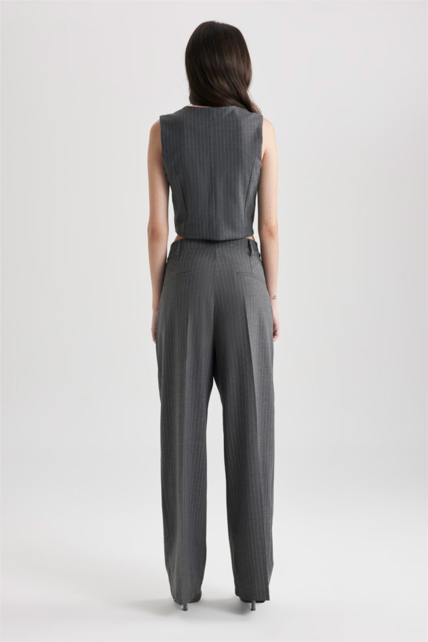 Kadın Koyu Gri Wıde Leg Cepli Yüksek Bel Geniş Paça Pantolon