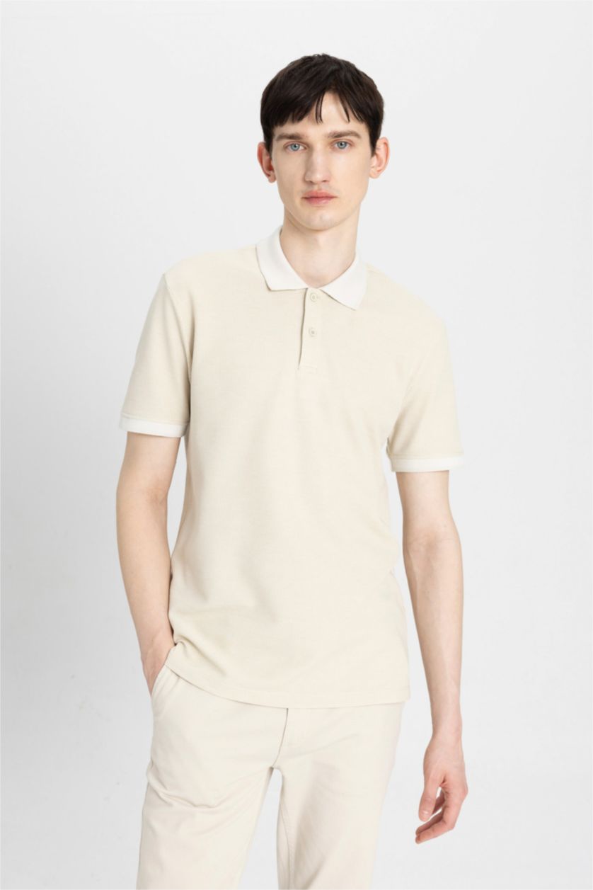 Erkek Taş New Regular Fit Polo Yaka Waffle Kısa Kollu Basic Düz Tişört