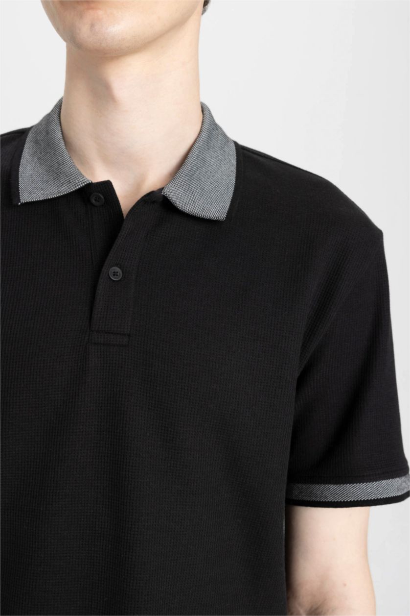 Erkek Siyah New Regular Fit Polo Yaka Waffle Kısa Kollu Basic Düz Tişört