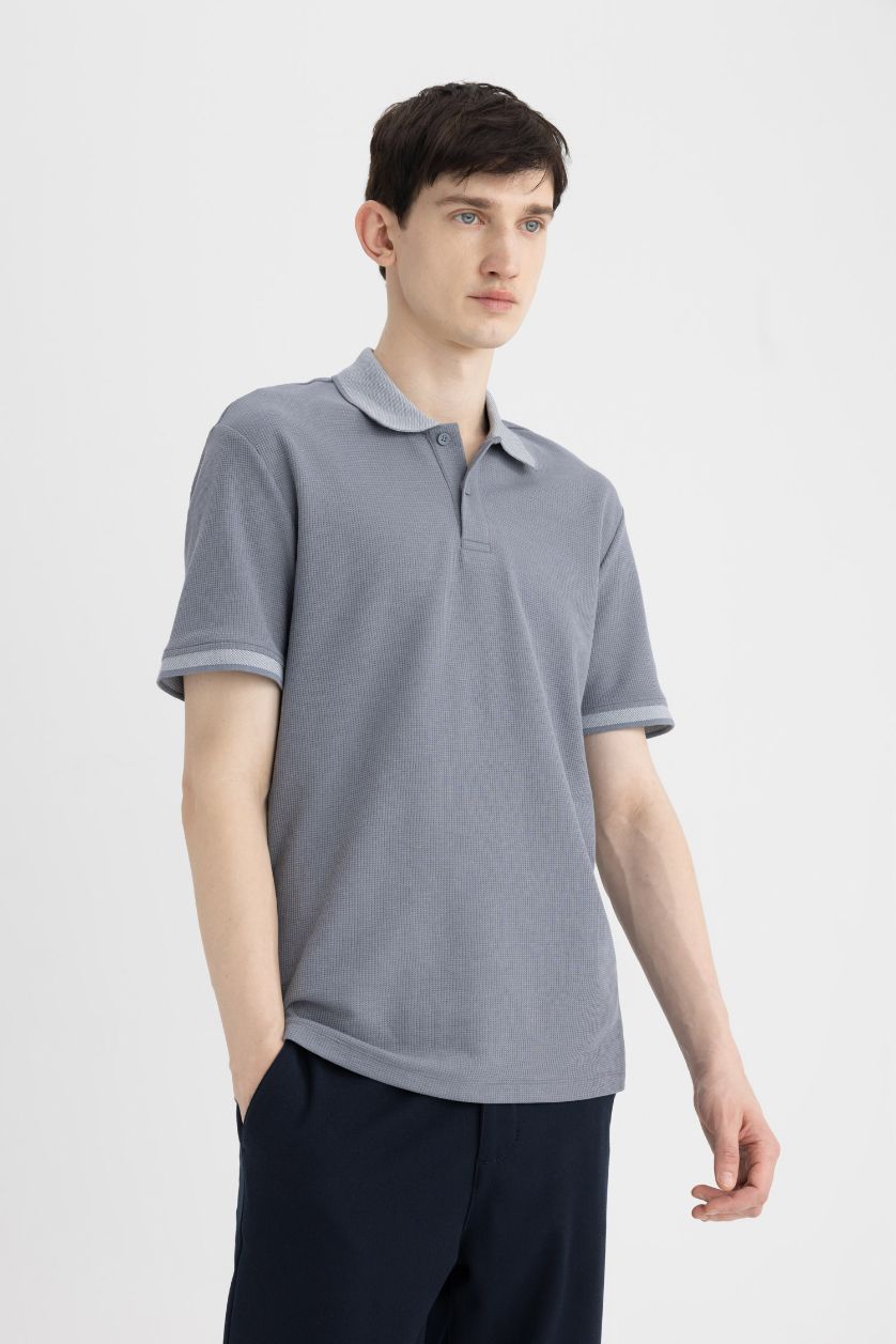 Erkek Gri New Regular Fıt Waffle Kısa Kollu Polo Tişört