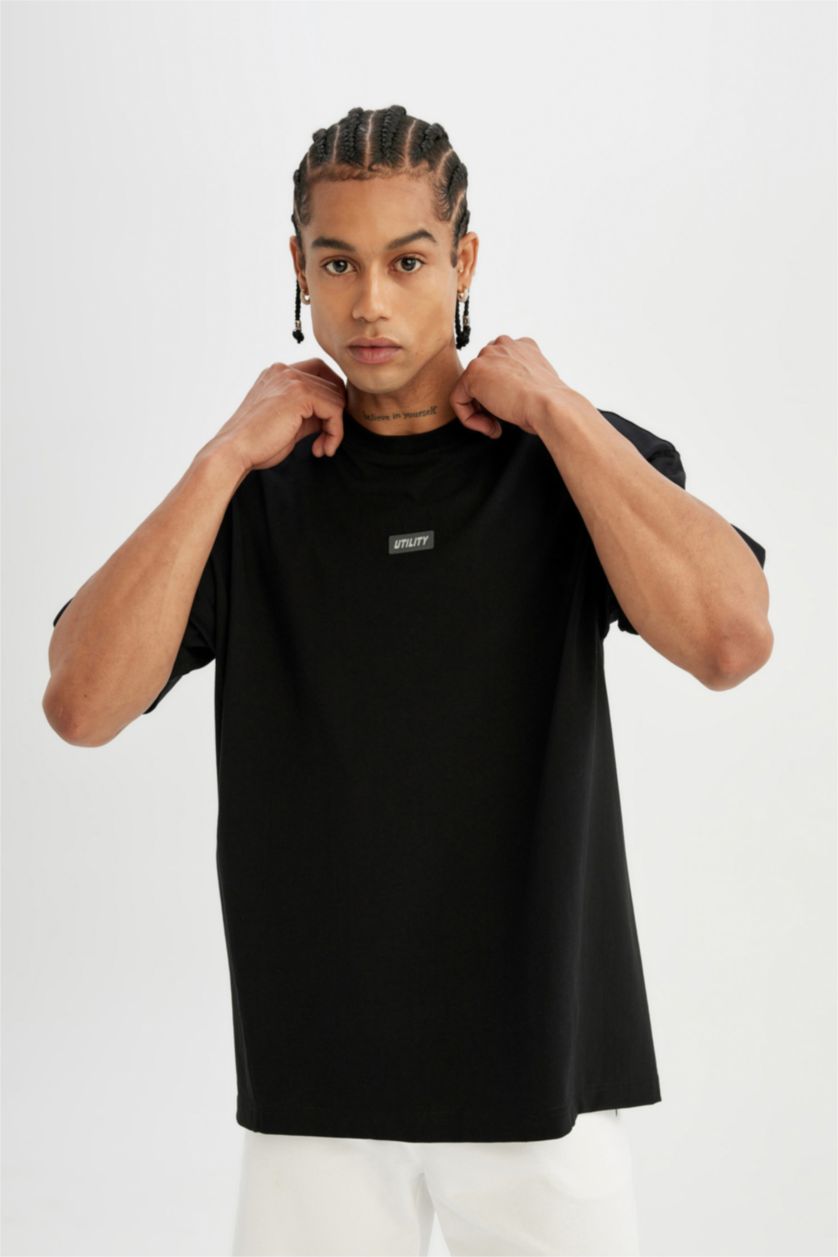 Erkek Siyah Oversize Geniş Kalıp Bisiklet Yaka Sporcu Kısa Kollu Tişört