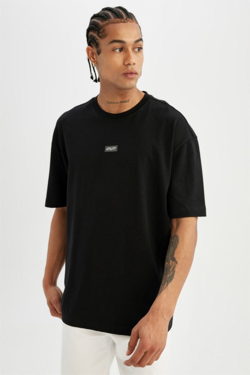 Erkek Siyah Oversize Geniş Kalıp Bisiklet Yaka Sporcu Kısa Kollu Tişört