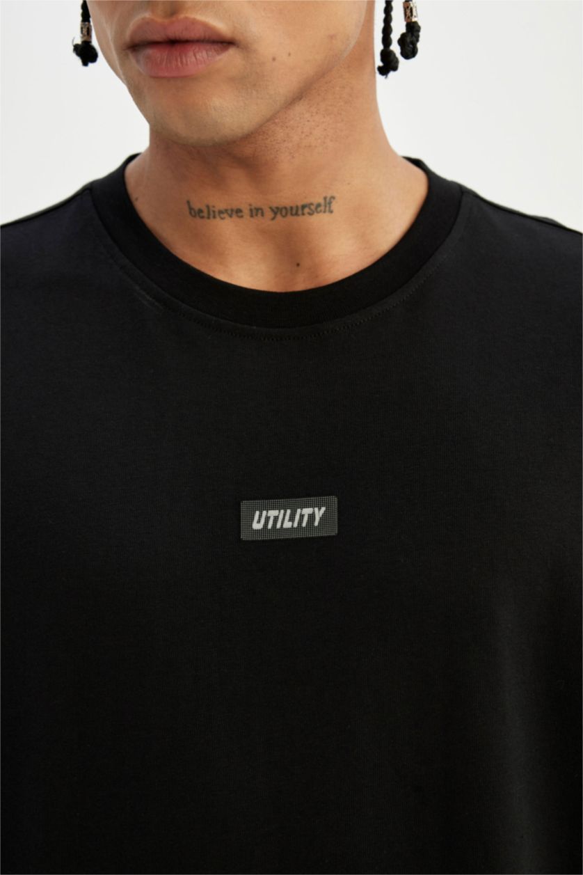 Erkek Siyah Oversize Geniş Kalıp Bisiklet Yaka Sporcu Kısa Kollu Tişört