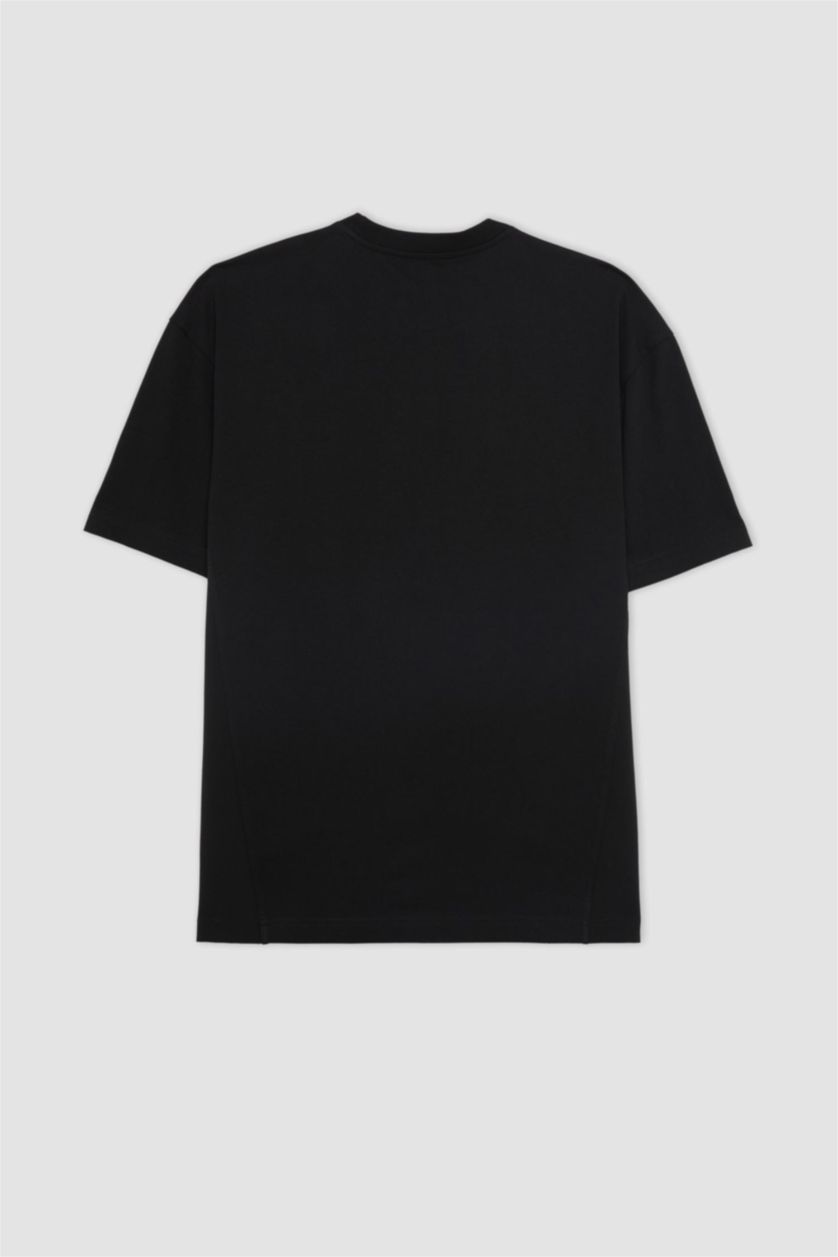 Erkek Siyah Oversize Geniş Kalıp Bisiklet Yaka Sporcu Kısa Kollu Tişört