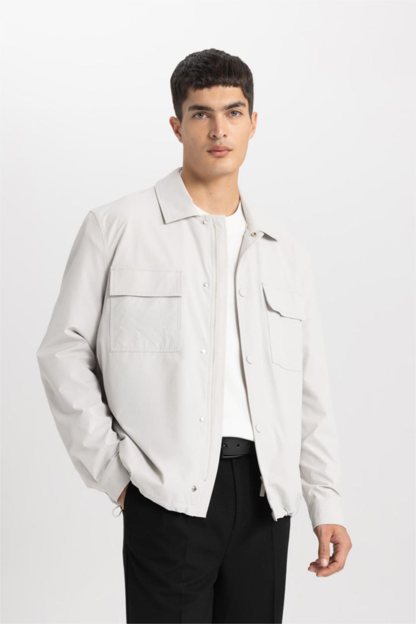 Man Light Grey Regular Fit Polo Neck Overshirt