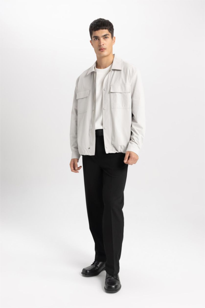 Man Light Grey Regular Fit Polo Neck Overshirt