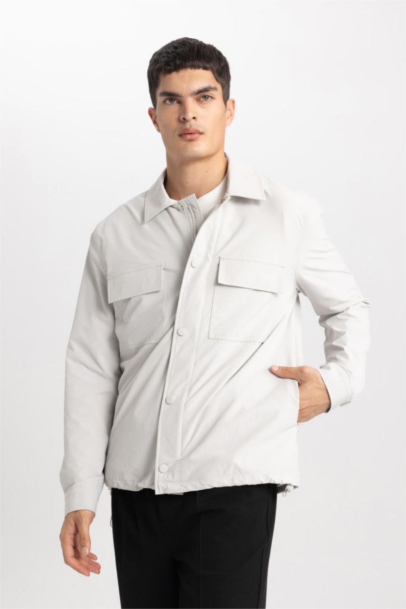 Man Light Grey Regular Fit Polo Neck Overshirt