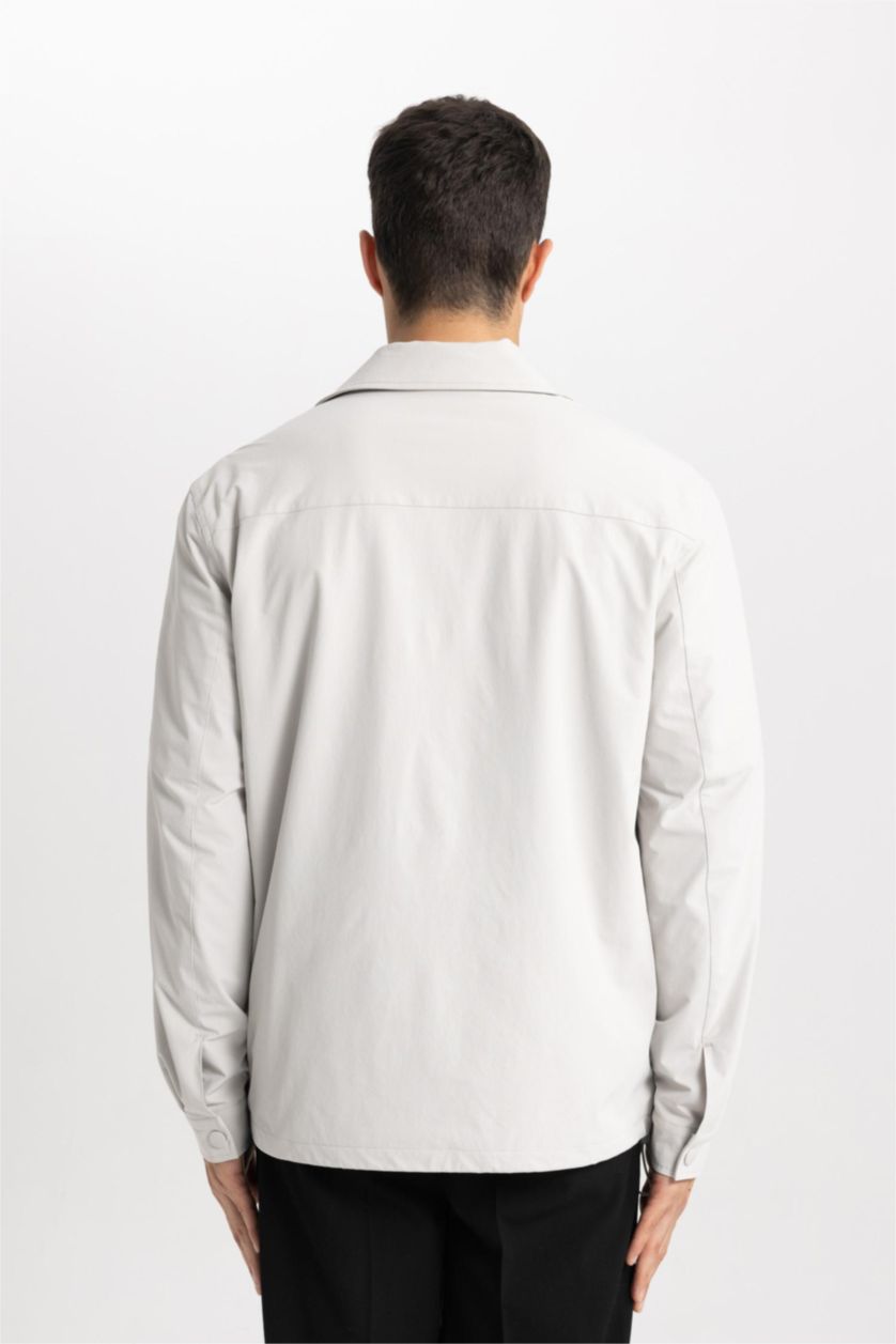 Man Light Grey Regular Fit Polo Neck Overshirt