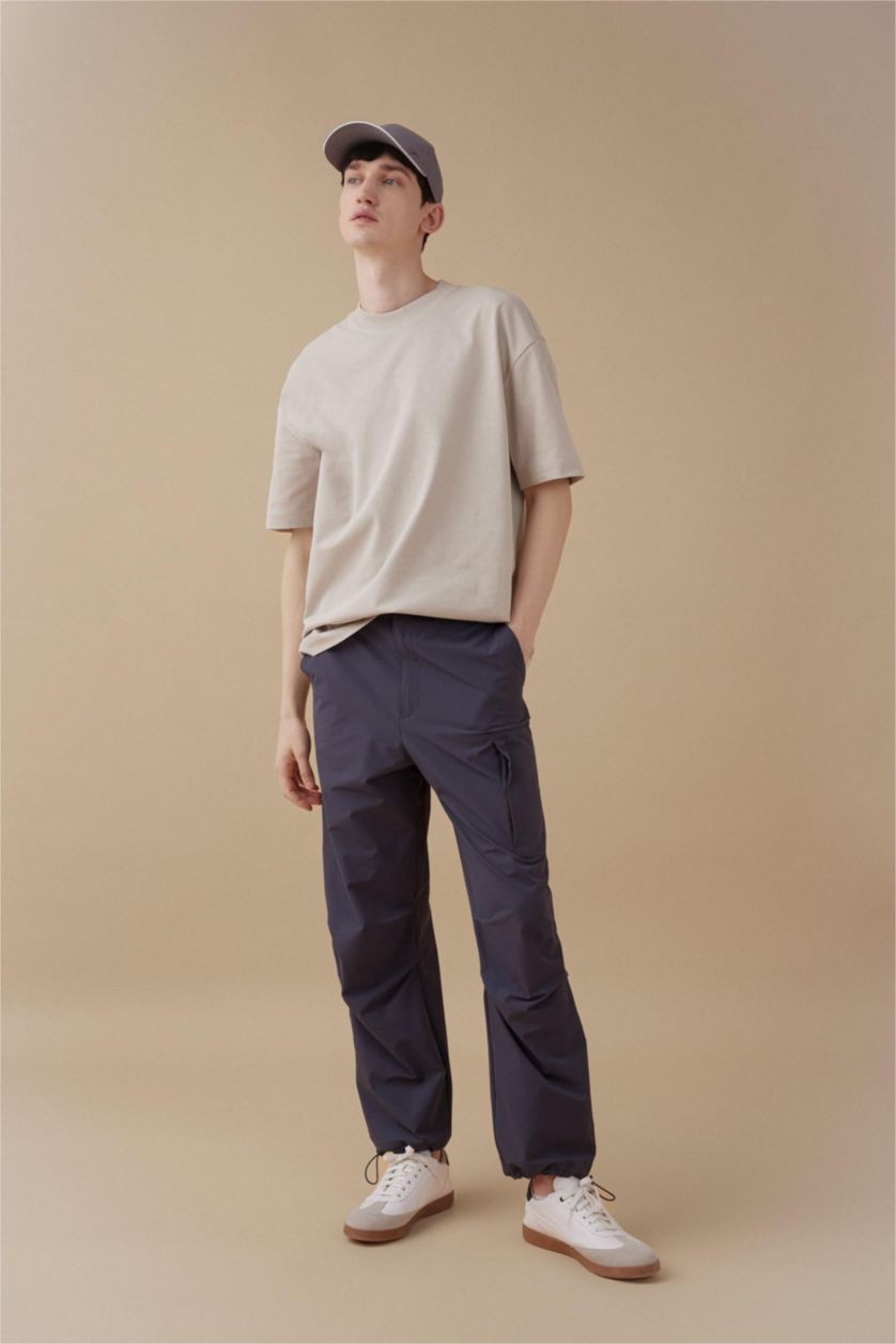 Erkek Lacivert Pantolon Relax Fit Kargo Cepli Beli Paçası Lastikli