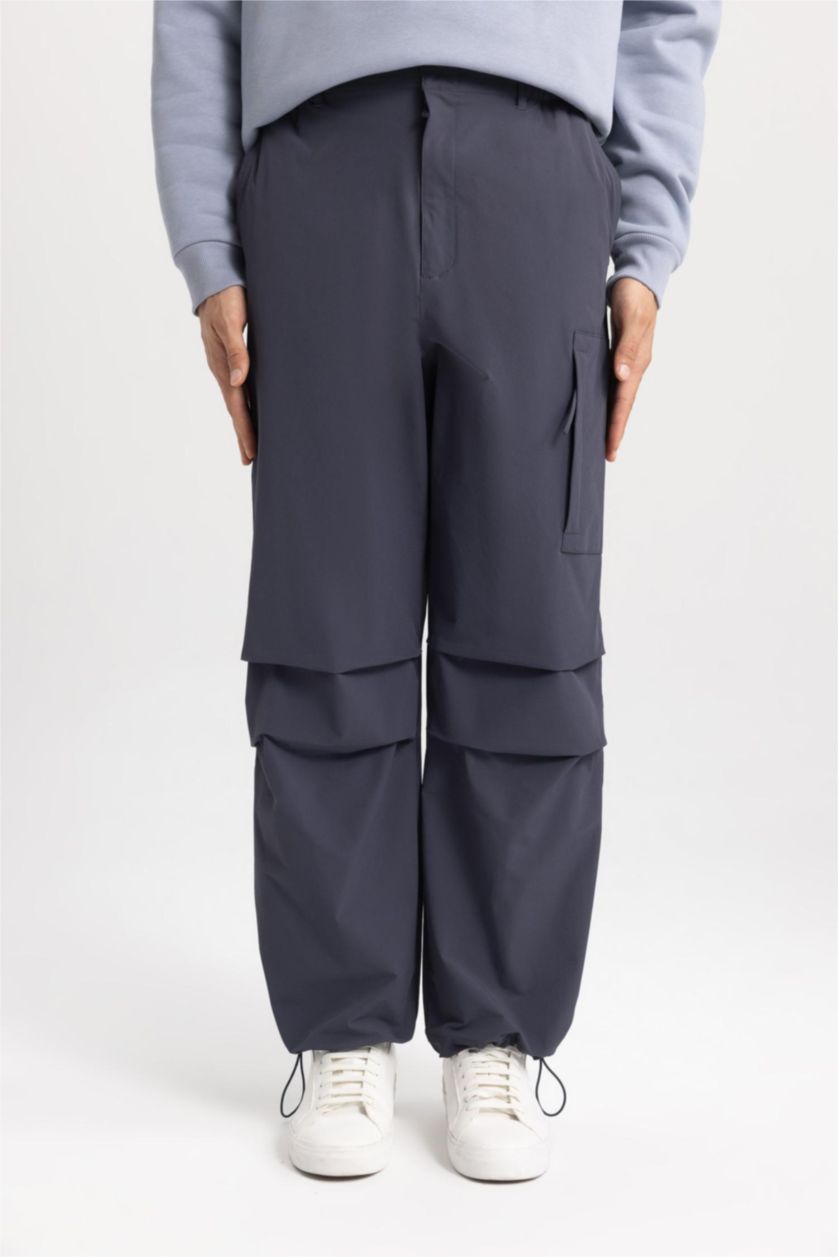 Erkek Lacivert Pantolon Relax Fit Kargo Cepli Beli Paçası Lastikli