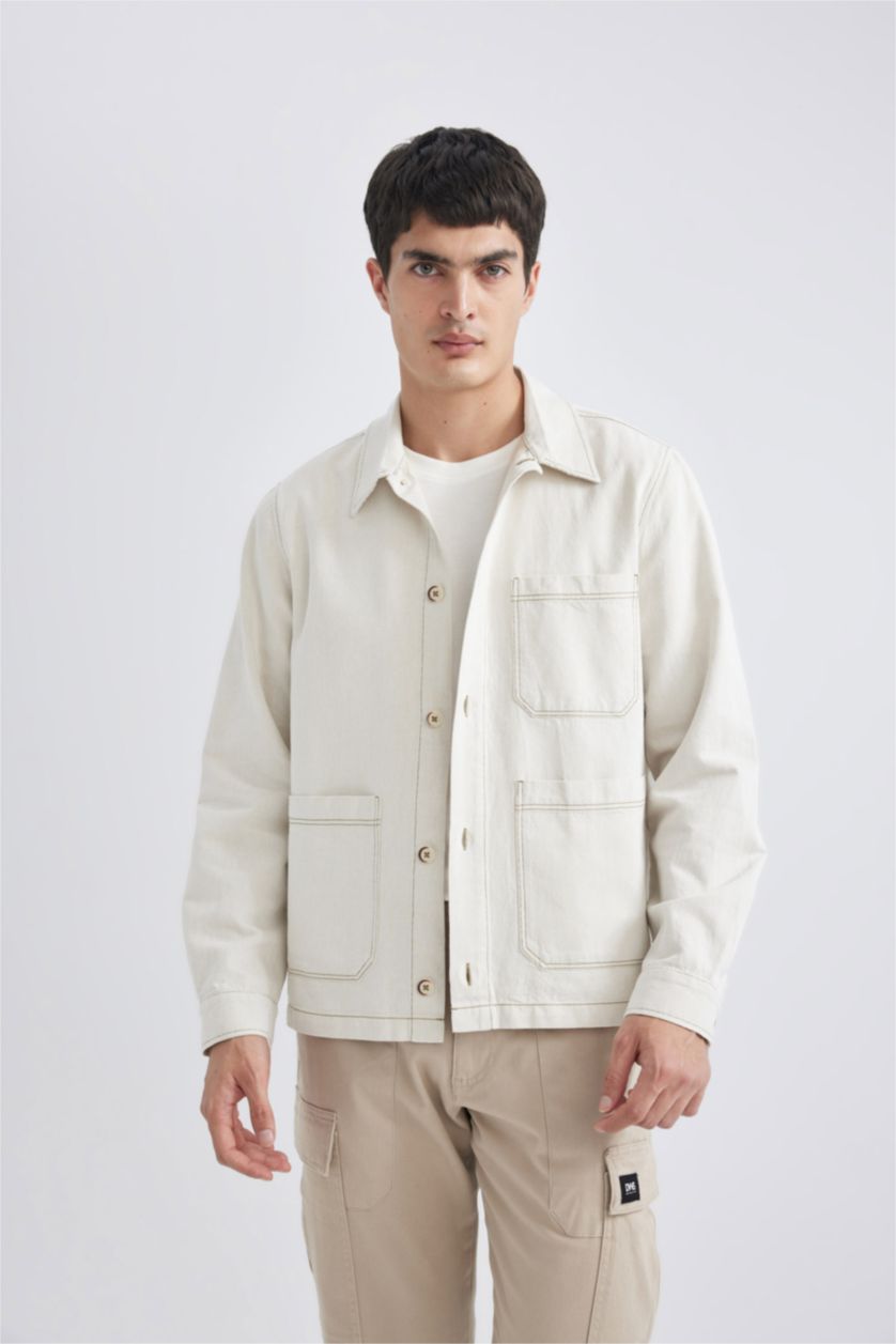 Erkek Bej Regular Fit Polo Yaka Keten Karışımlı Düğmeli Cepli Yazlık Gömlek Ceket