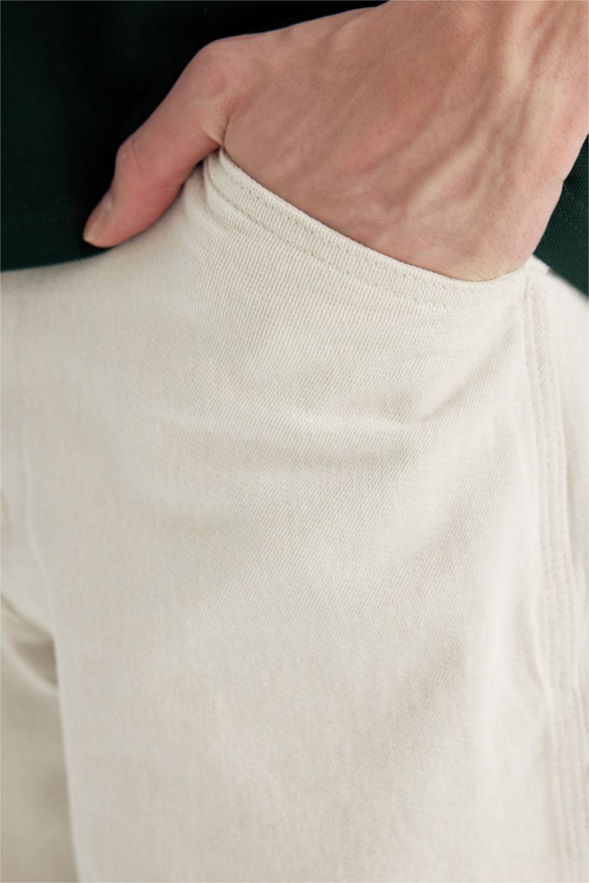 Erkek Açık Bej Relax Fit Rahat Kesim Yazlık Pantolon Keten Karışımlı Cepli Düz Paça