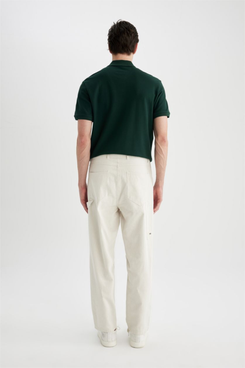 Erkek Açık Bej Relax Fit Rahat Kesim Yazlık Pantolon Keten Karışımlı Cepli Düz Paça