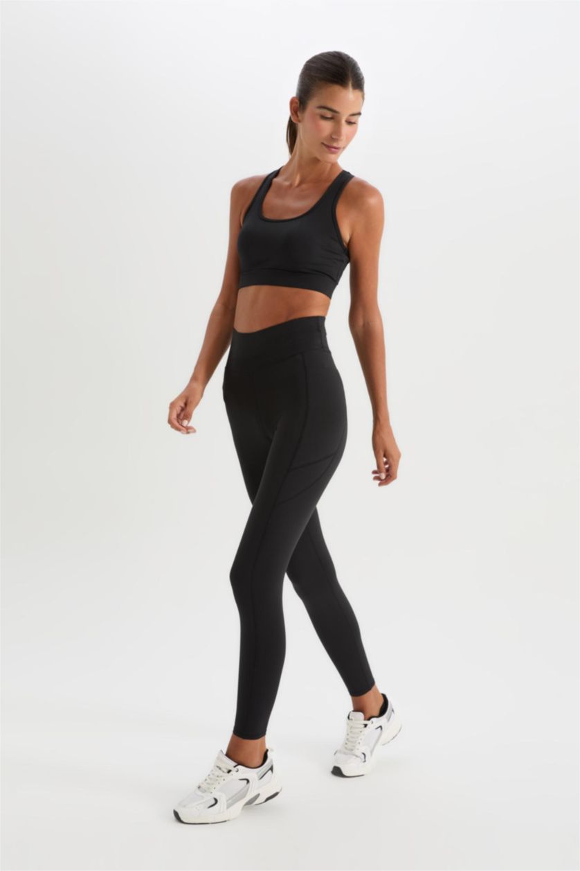 Kadın Siyah Toparlayıcı Yüksek Bel Esnek Kumaş Cepli Sporcu Tayt