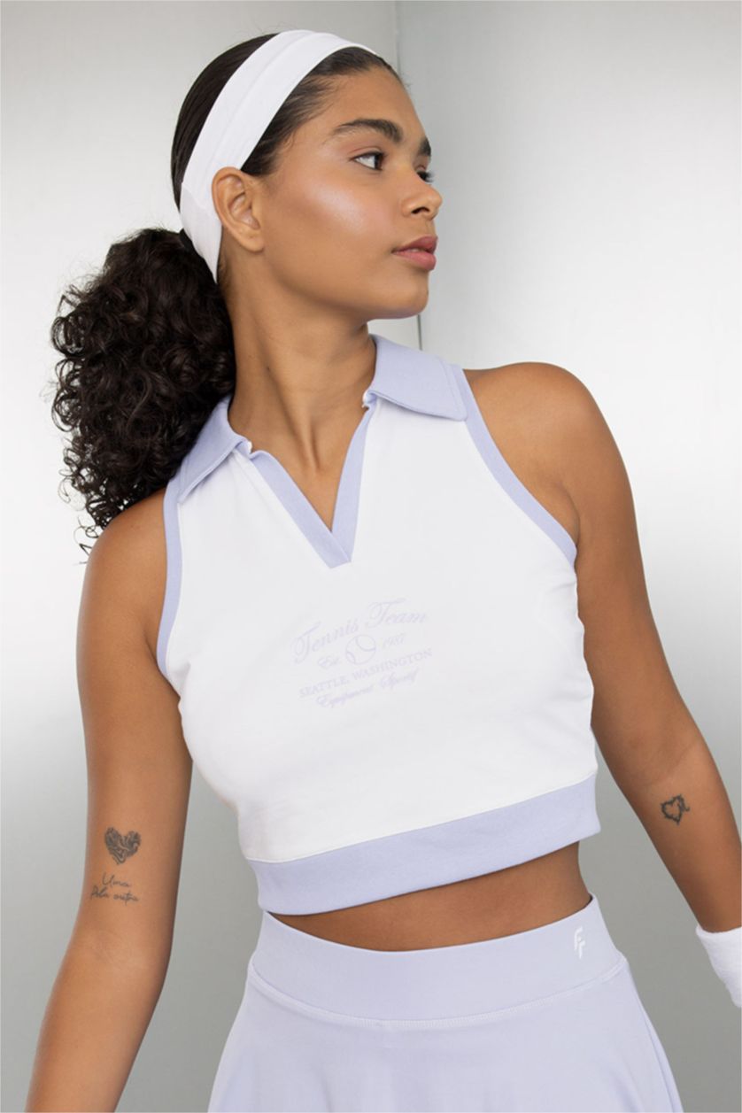 Kadın Beyaz Crop Polo Yaka Sporcu Atlet