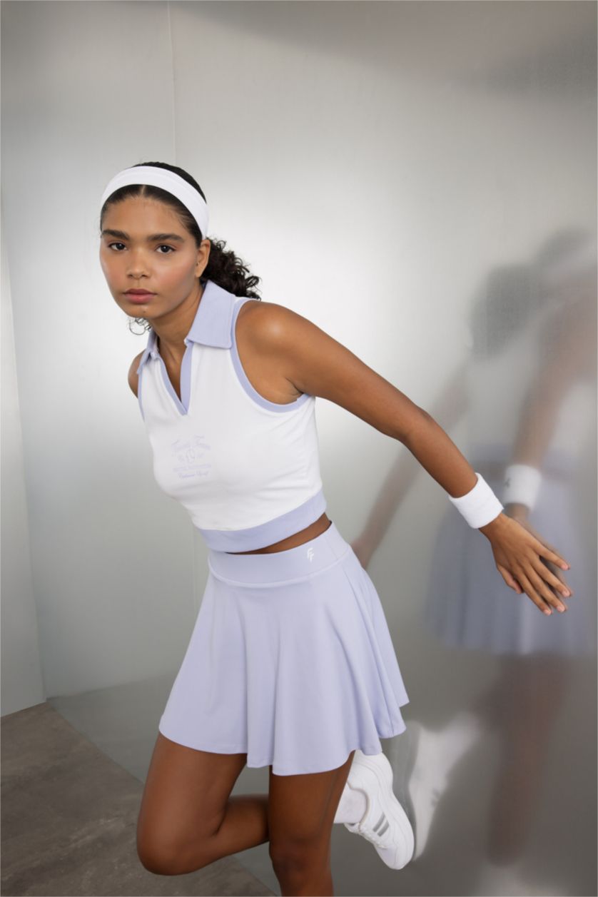 Kadın Beyaz Crop Polo Yaka Sporcu Atlet