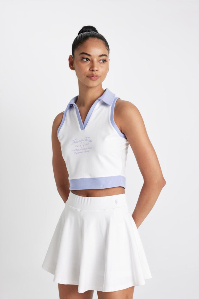 Kadın Beyaz Crop Polo Yaka Sporcu Atlet