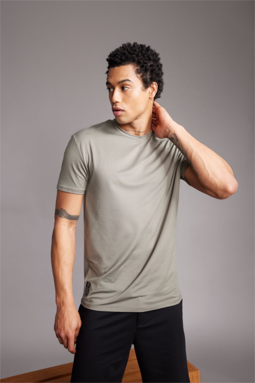Man Khaki DeFactoFit Standard Fit Crew Neck T-Shirt