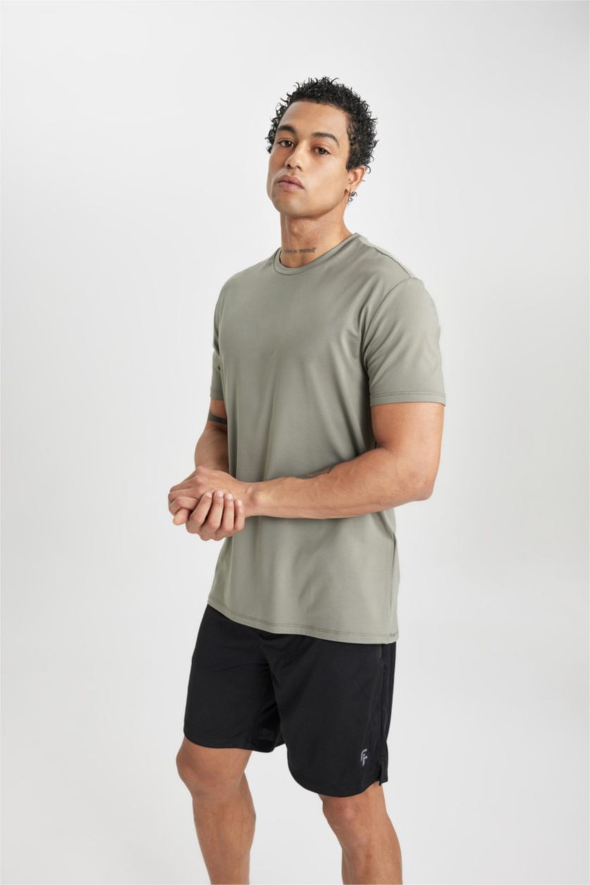Man Khaki DeFactoFit Standard Fit Crew Neck T-Shirt