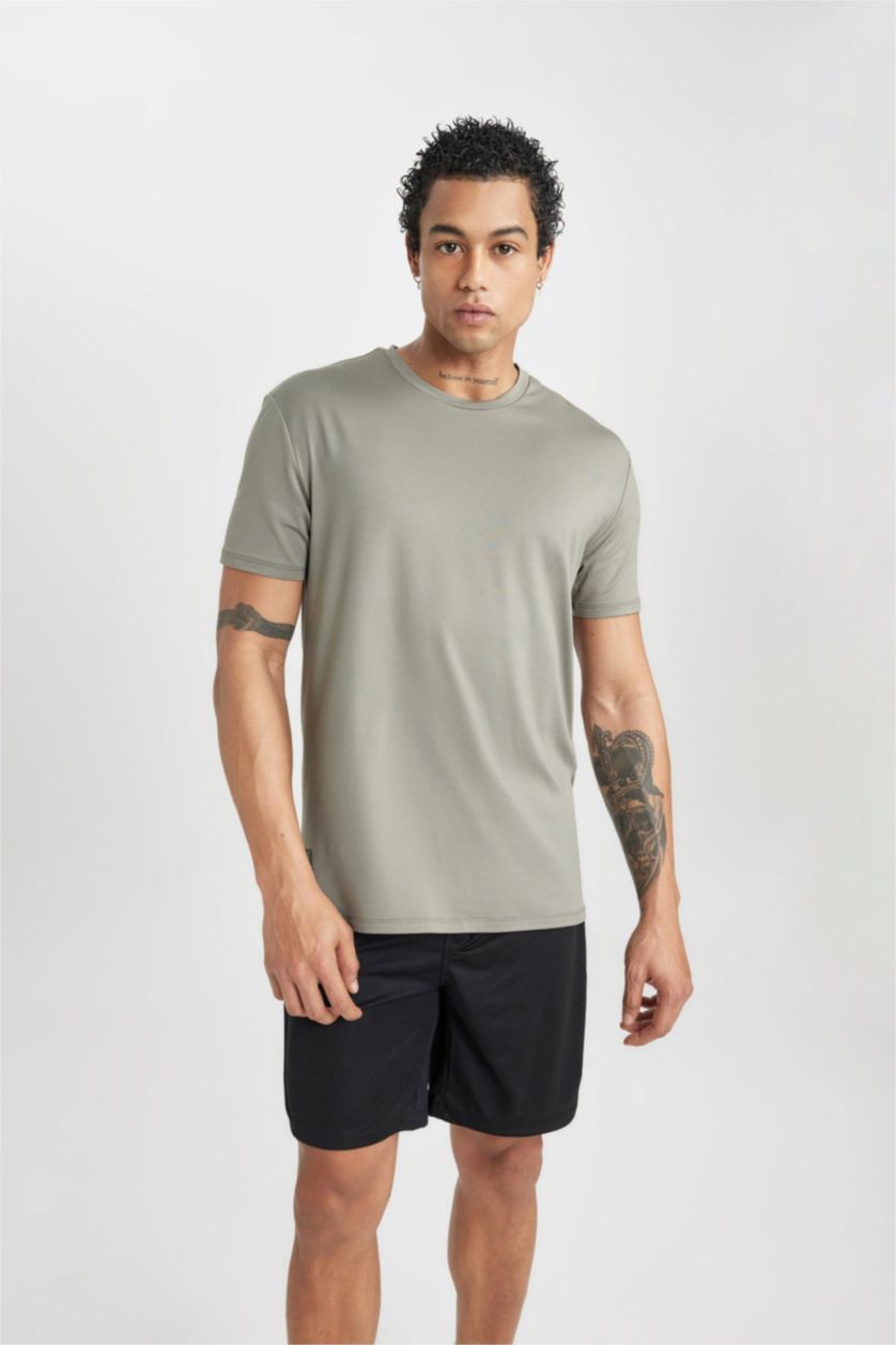 Man Khaki DeFactoFit Standard Fit Crew Neck T-Shirt