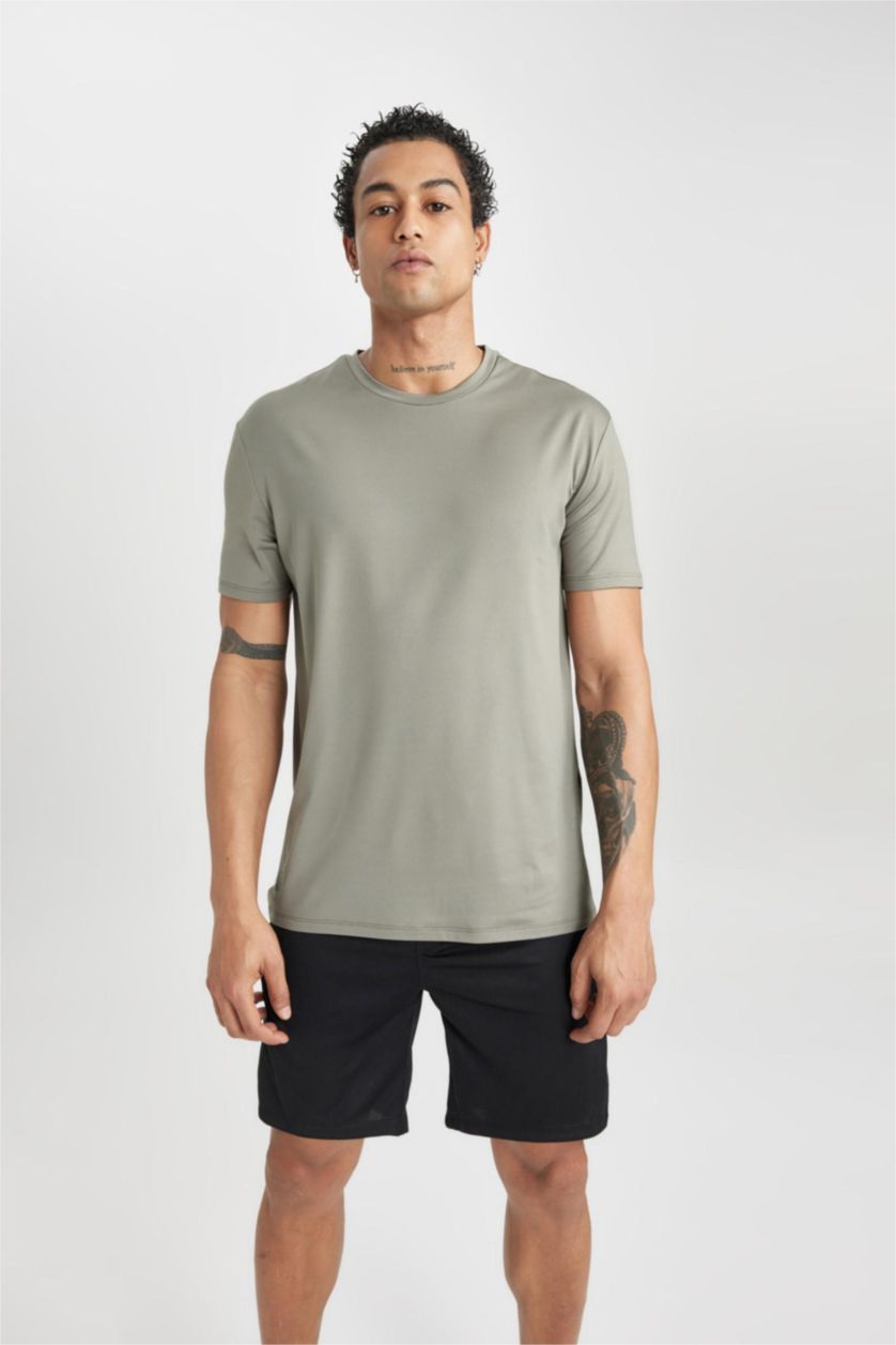 Man Khaki DeFactoFit Standard Fit Crew Neck T-Shirt