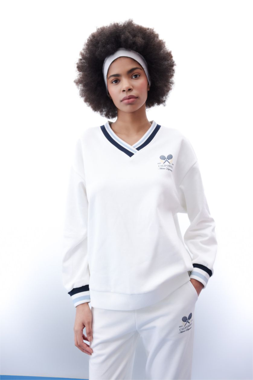 Kadın Beyaz Oversıze Kalın Sweatshirt Kumaşı Sweatshirt
