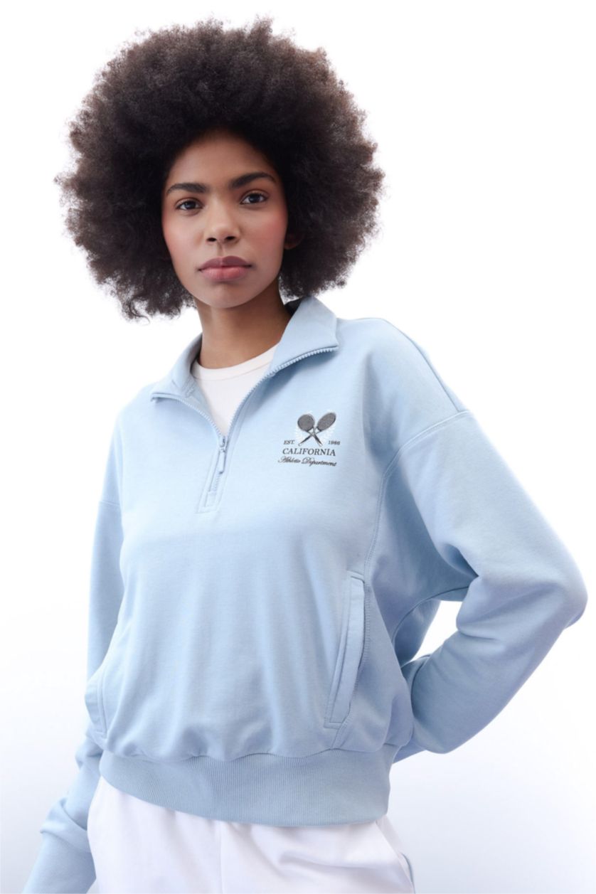 Woman Blue DeFactoFit Oversize Fit Printed Zippered Sports Sweatshirt