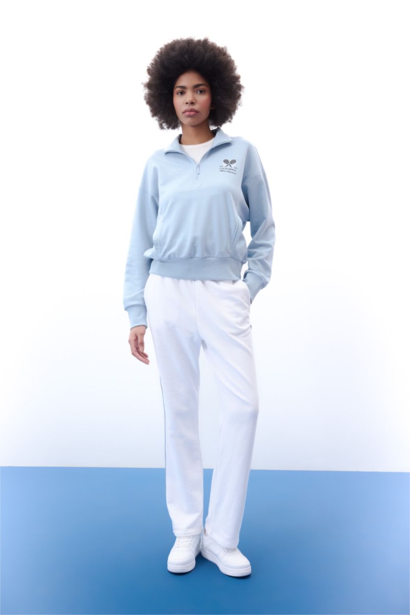 Woman Blue DeFactoFit Oversize Fit Printed Zippered Sports Sweatshirt