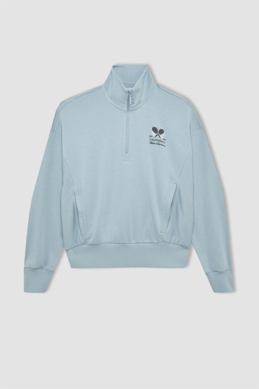 Woman Blue DeFactoFit Oversize Fit Printed Zippered Sports Sweatshirt