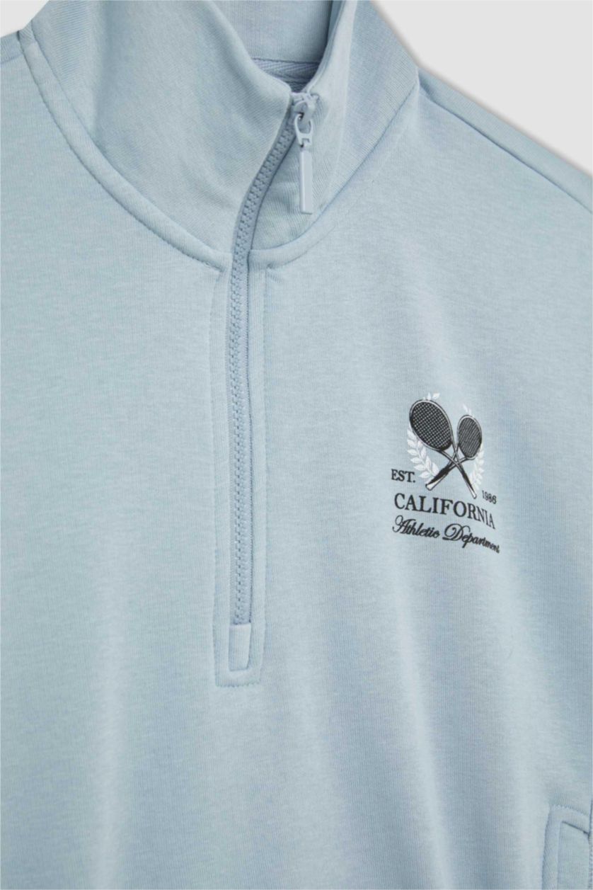 Woman Blue DeFactoFit Oversize Fit Printed Zippered Sports Sweatshirt