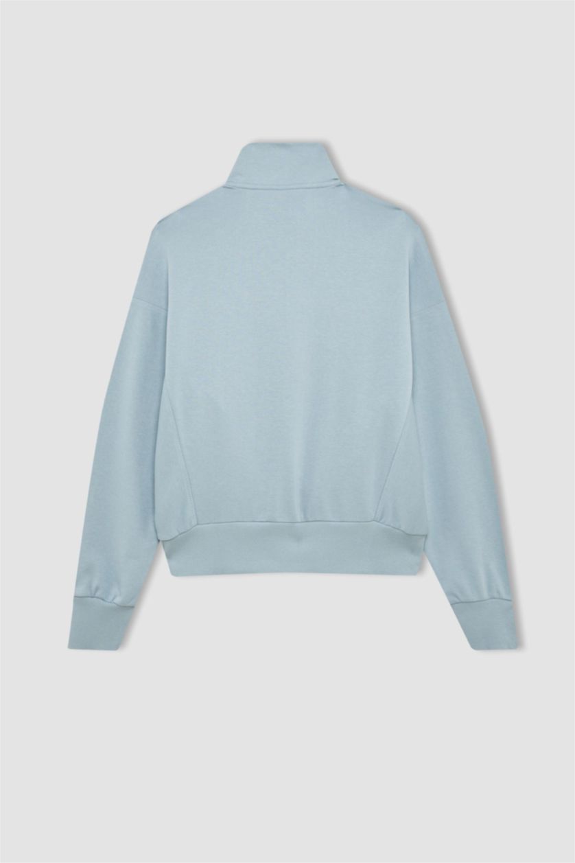 Woman Blue DeFactoFit Oversize Fit Printed Zippered Sports Sweatshirt