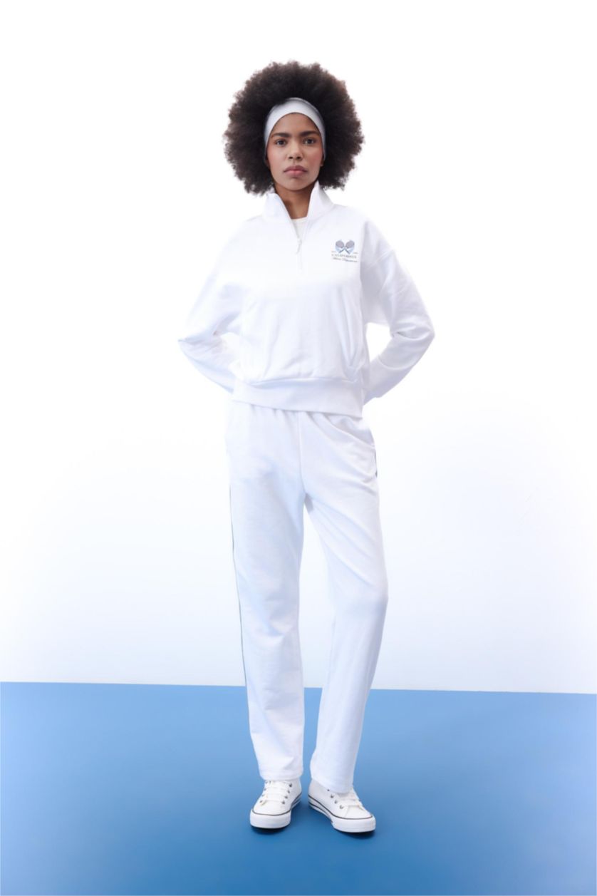 Woman White DeFactoFit Oversize Fit Stand-up Collar Sports Sweatshirt