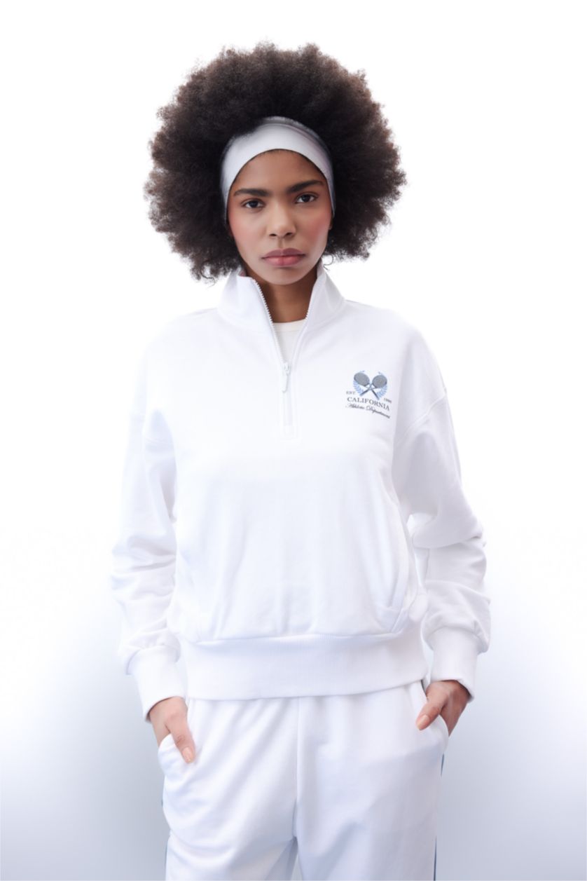 Woman White DeFactoFit Oversize Fit Stand-up Collar Sports Sweatshirt