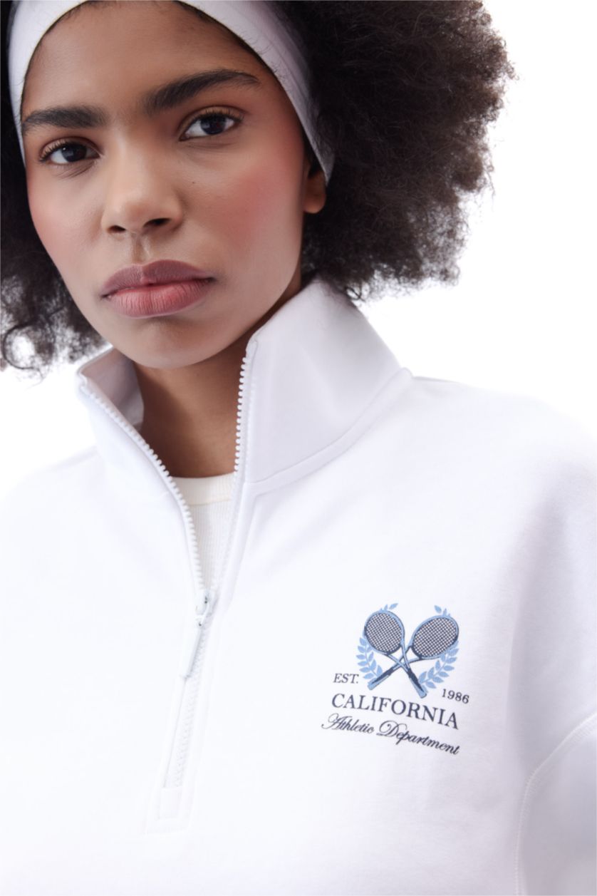 Woman White DeFactoFit Oversize Fit Stand-up Collar Sports Sweatshirt