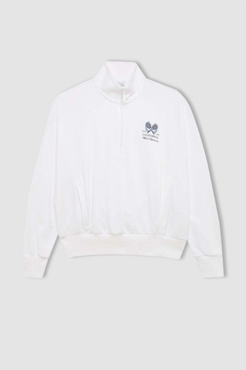 Woman White DeFactoFit Oversize Fit Stand-up Collar Sports Sweatshirt