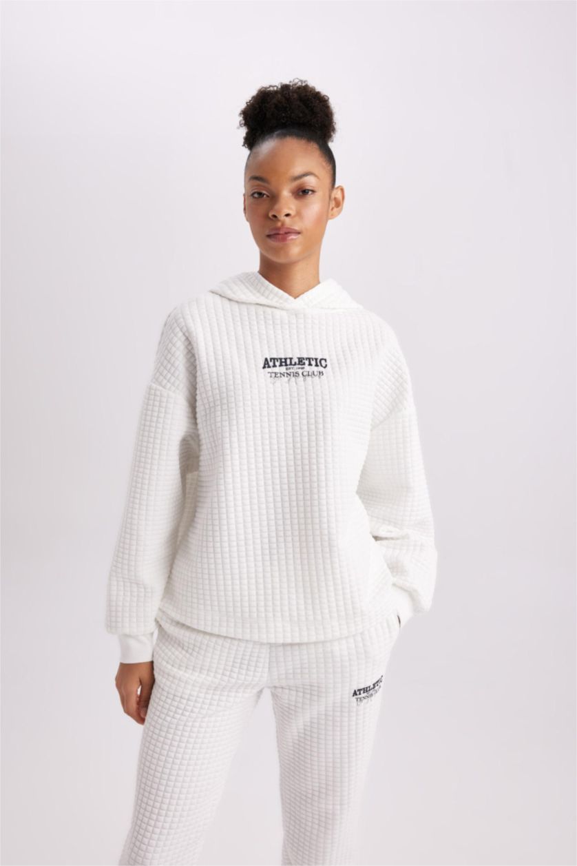 Woman White Oversize Fit Hooded Quilted Sports Sweatshirt