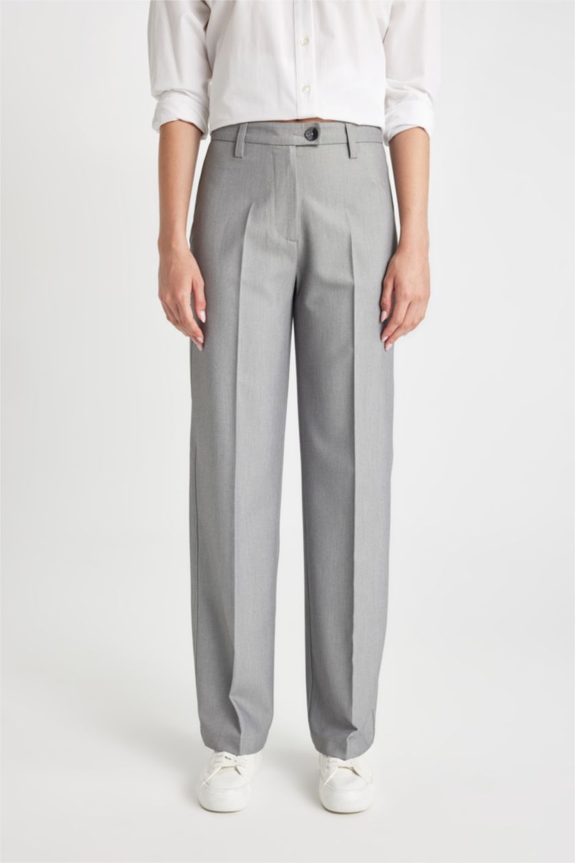 WOMAN Light Grey Melange Wide Leg High Waist Standard Length Trousers