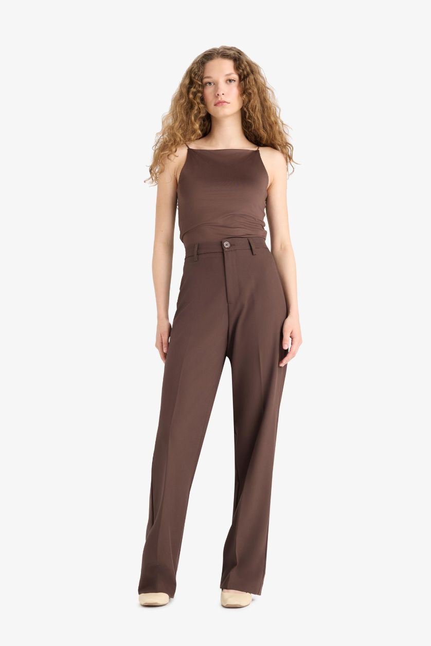 Kadın Kahve Straıght Fıt Yüksek Bel Standart Boy Pantolon