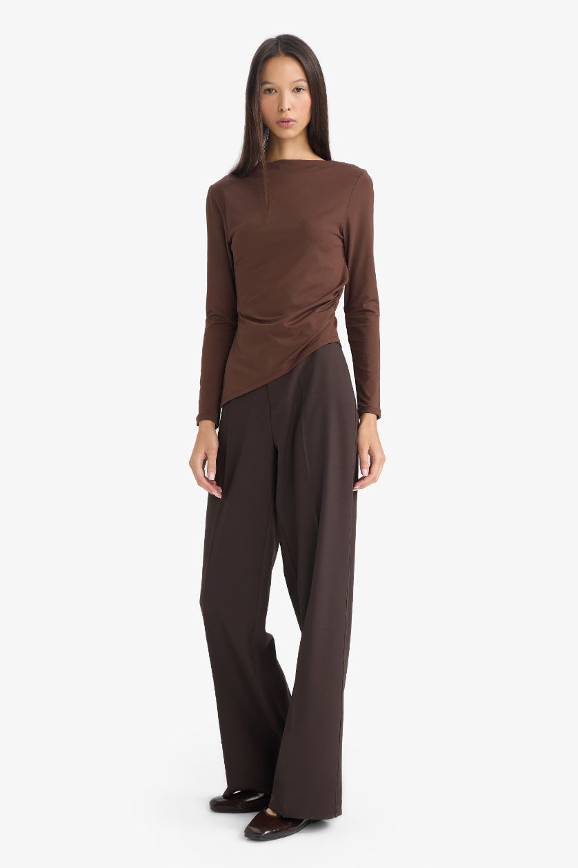 Әйелдерге Қоңыр Straight Fit жоғары белді стандартты ұзындықтағы шалбар