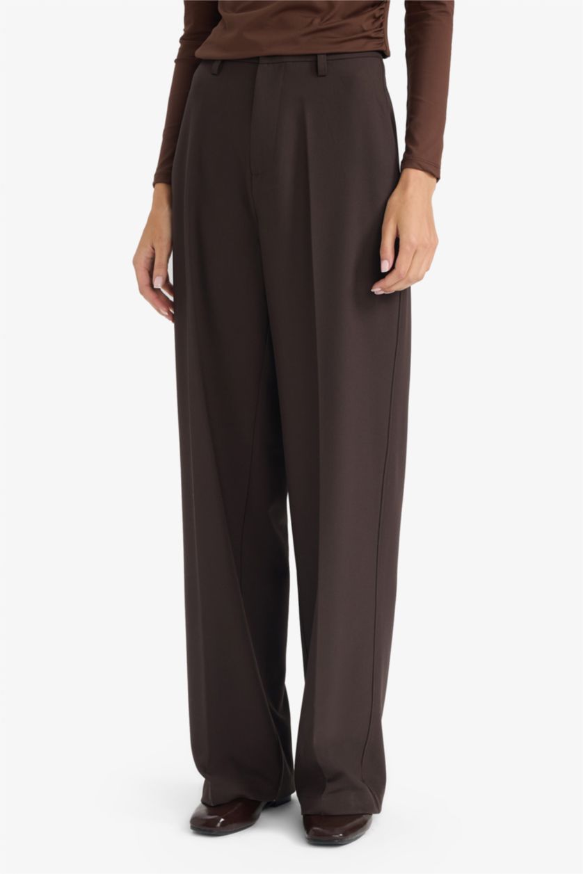 Әйелдерге Қоңыр Straight Fit жоғары белді стандартты ұзындықтағы шалбар