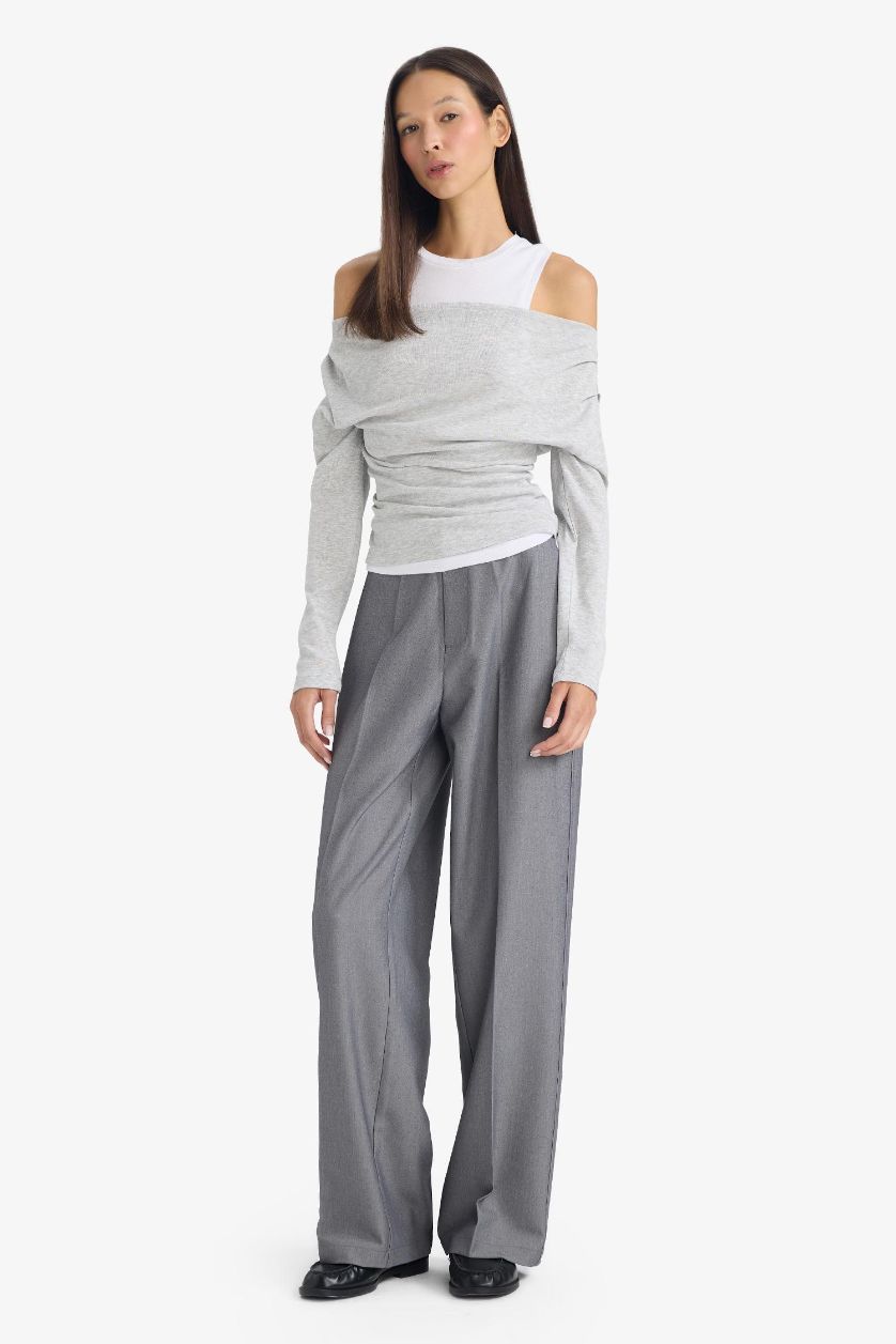 Әйелдерге Сұр Straight Fit жоғары белді стандартты ұзындықтағы шалбар