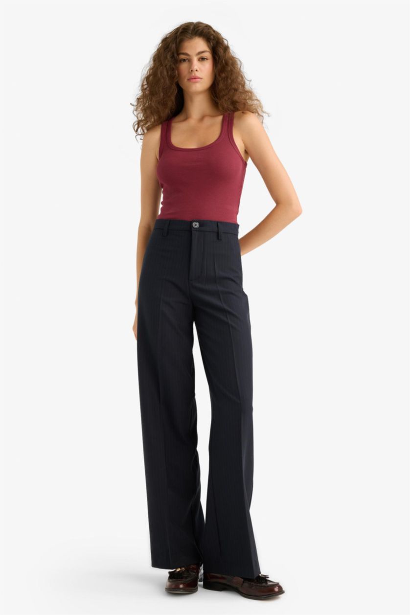 Woman NAVY Straight Fit Double Pocket Striped Trousers