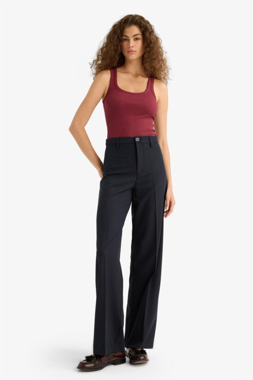 Woman NAVY Straight Fit Double Pocket Striped Trousers