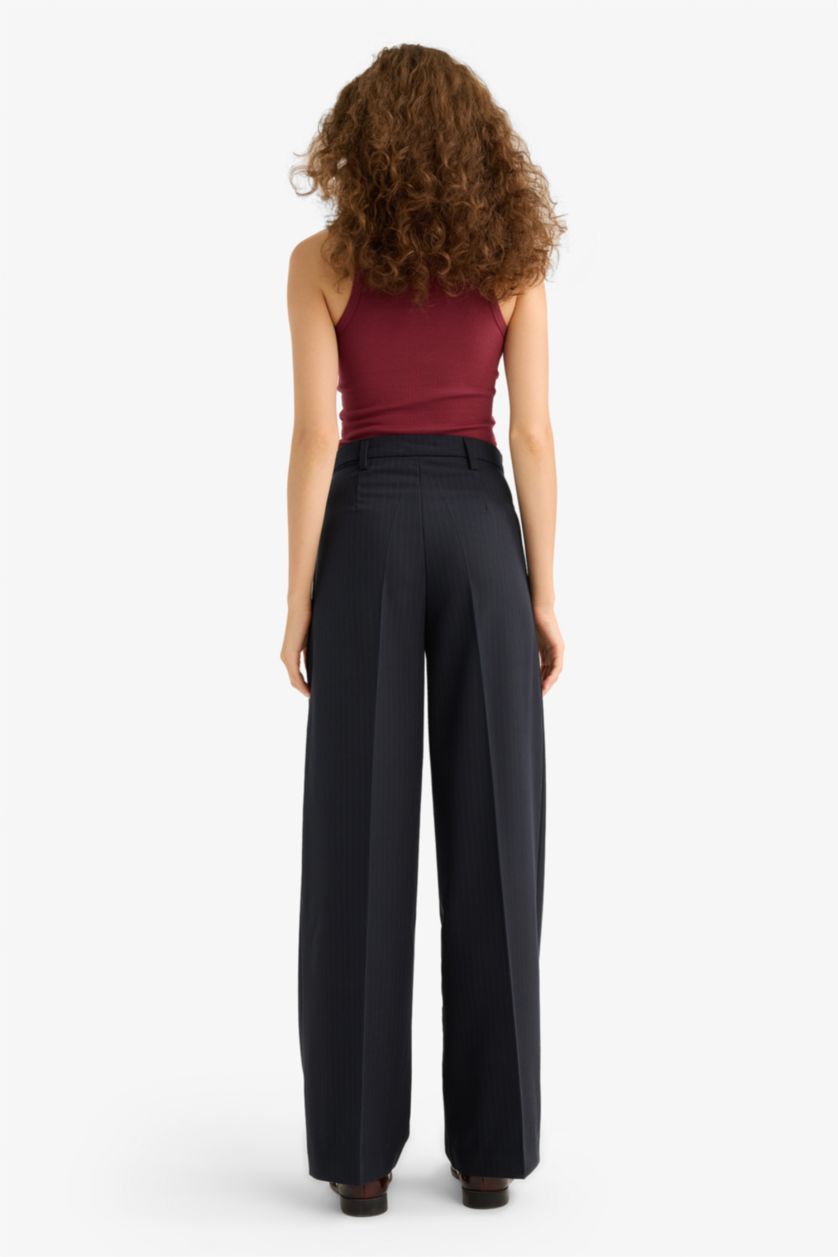Woman NAVY Straight Fit Double Pocket Striped Trousers