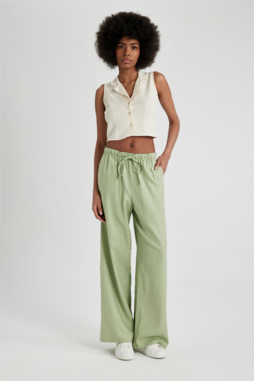 WOMAN Light Green Wide Leg High Waist Standard Length Linen Blend Trousers