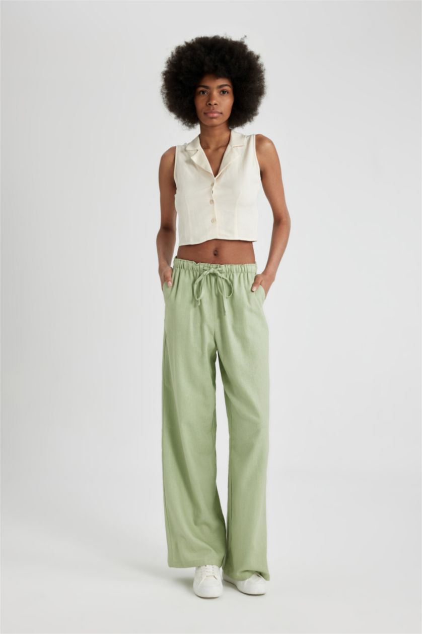 WOMAN Light Green Wide Leg High Waist Standard Length Linen Blend Trousers