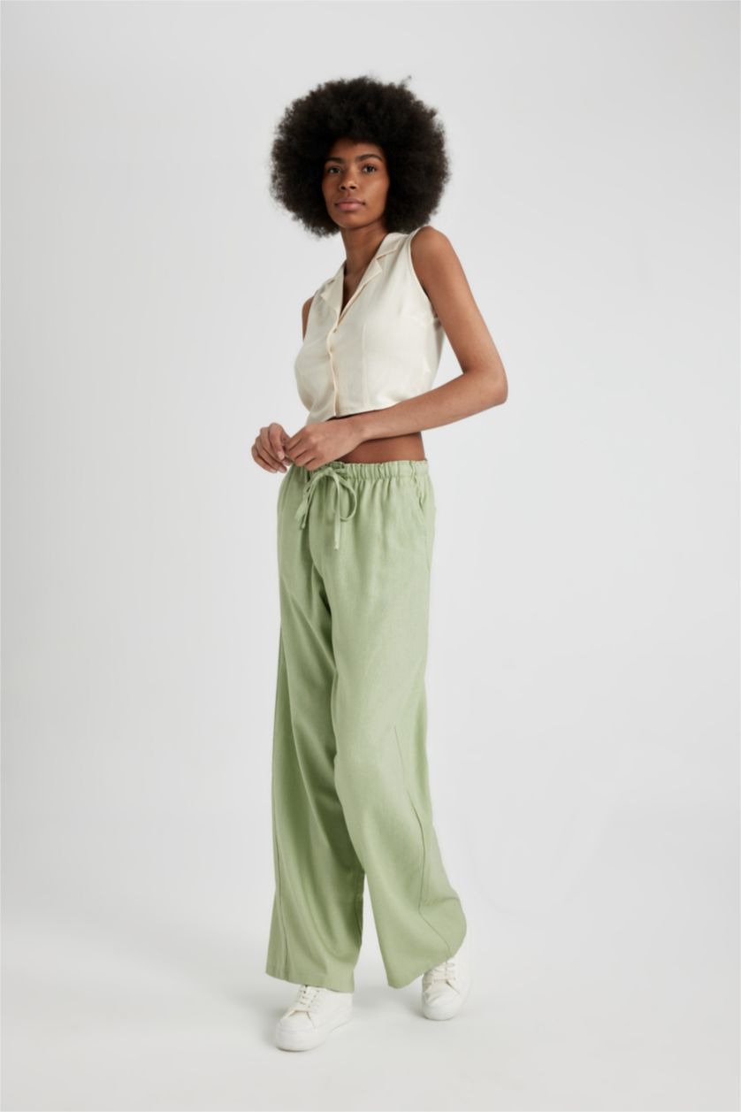 WOMAN Light Green Wide Leg High Waist Standard Length Linen Blend Trousers
