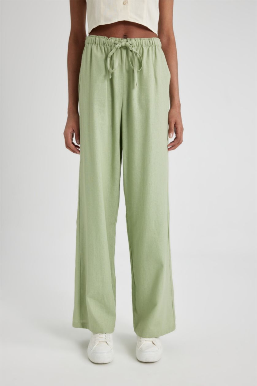 WOMAN Light Green Wide Leg High Waist Standard Length Linen Blend Trousers