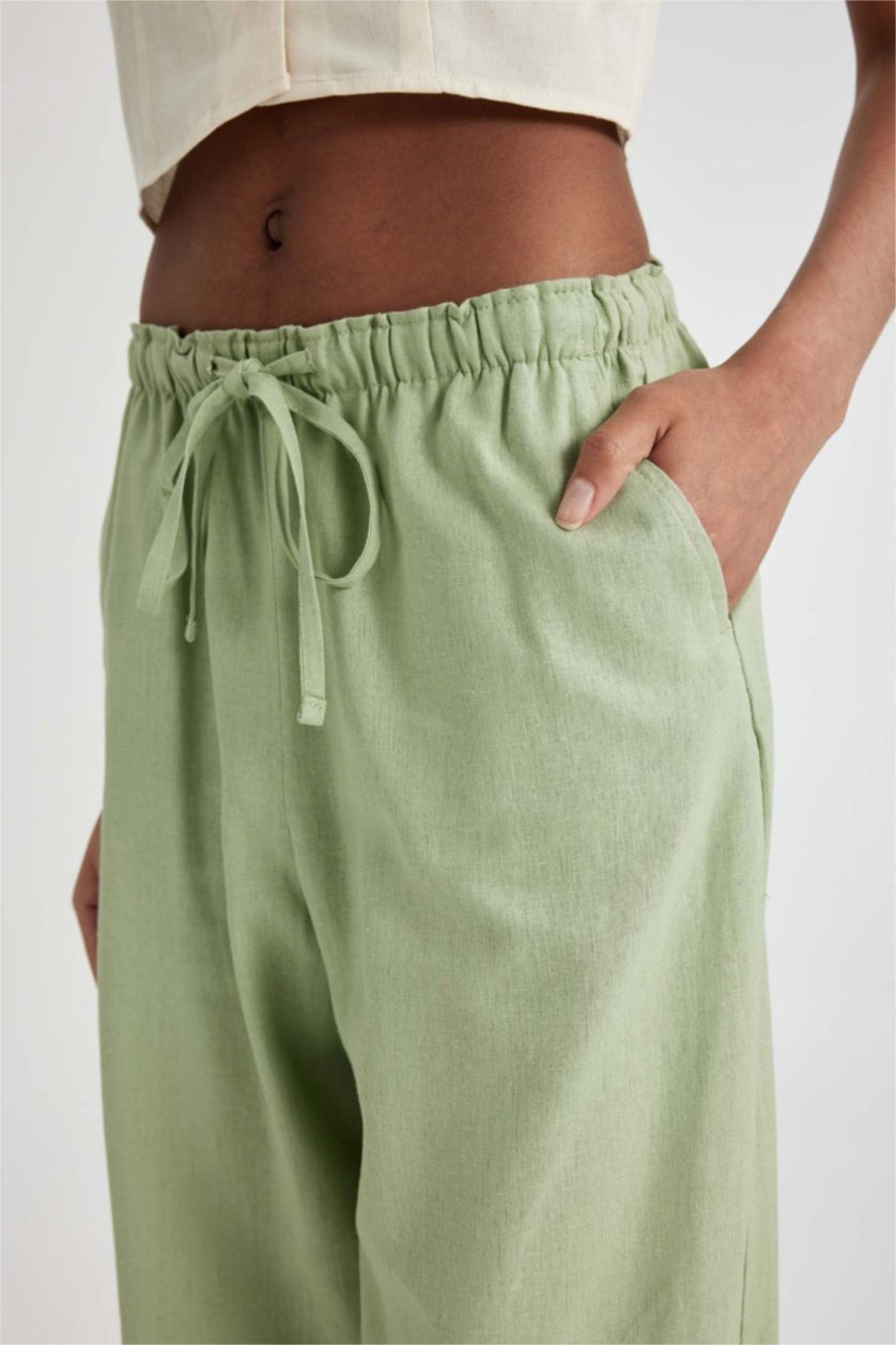 WOMAN Light Green Wide Leg High Waist Standard Length Linen Blend Trousers